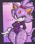 anthro breasts cleavage clothed clothing female fishnet_clothing fishnet_legwear frown hand_behind_back huge_thighs legwear leotard nipple_slip simple_background solo thick_thighs wide_hips beepisboop sega sonic_the_hedgehog_(series) blaze_the_cat domestic_cat felid feline felis mammal 2024 absurd_res hi_res