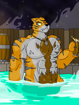 alcohol anthro barazoku barrel beer beverage body_hair chest_hair chest_tuft dnd5e fantasy fence hot_spring hot_tub huang_chi_(dnd) jewelry jewelry_only male muscular muscular_anthro muscular_male night pubes solo star steam striped_body stripes tuft water wood wood_fence jadethecat-real dungeons_and_dragons hasbro wizards_of_the_coast felid humanoid mammal pantherine tiger werecreature werefelid werepantherine weretiger 3:4 absurd_res hi_res