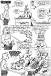 anthro big_breasts big_penis breast_expansion breast_rest breasts bulge canid canine canis cleavage clothed clothing comic curse domestic_dog duo english_text erection expansion female furniture genital_expansion genitals hammerspace hammerspace_breasts huge_breasts huge_penis hyper hyper_genitalia hyper_penis insta-boner karno lagomorph leporid male mammal monochrome nipples penis penis_expansion rabbit surprise table tail teeka_(karno) text