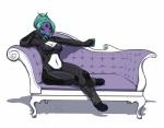 anthro black_body black_skin blue_hair breasts cleavage clothed clothing fainting_couch female furniture hair looking_at_viewer navel red_eyes sofa solo suit white_body white_skin kittydee starbound hylotl scalie 2014 digital_media_(artwork) full-length_portrait portrait