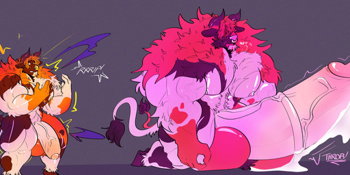 2_horns anthro balls balls_expansion balls_on_ground barazoku big_balls big_muscles big_penis bodily_fluids body_size_growth brown_body brown_ears brown_fur brown_horn brown_tail_tuft bulge clothed clothed_anthro clothed_male clothing cum cum_drip dripping excessive_cum excessive_genital_fluids expansion facial_piercing foreskin fully_clothed fully_clothed_anthro fully_clothed_male fur genital_expansion genital_fluids genitals glans growth hair hair_over_eyes hand_in_pocket horn huge_balls huge_muscles huge_penis humanoid_genitalia humanoid_penis hybrid_genitalia hybrid_penis hyper hyper_balls hyper_genitalia hyper_muscles hyper_penis kneeling male male_anthro mane medial_ring medial_ringed_humanoid_penis medial_ringed_hybrid_penis mottled mottled_body mottled_fur multicolored_body multicolored_fur muscle_growth muscular muscular_anthro muscular_male nose_piercing nose_ring onomatopoeia orange_body orange_fur orange_mane orgasm overalls partially_retracted_foreskin penis penis_expansion piercing pink_body pink_fur pink_glans pink_mane pink_penis pockets purple_clothing purple_overalls ring_piercing size_transformation solo sound_effects standing tail tail_tuft tan_glans text throbbing throbbing_penis torn_clothing transformation transformation_sequence tuft vein veiny_arms veiny_penis melaisen bovid bovine cattle mammal 2022 absurd_res artist_name digital_drawing_(artwork) digital_media_(artwork) hi_res shaded