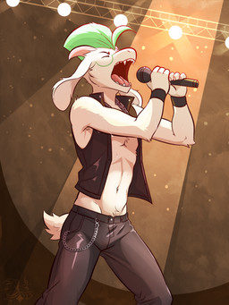 anthro bodily_fluids bottomwear chain_necklace clothing electronics eyes_closed fur green_hair hair jewelry male male_anthro microphone mohawk monotone_body necklace open_mouth pants shirtless shirtless_anthro shirtless_male solo stage sweat teeth topwear vest white_body white_fur wristband ventkazemaru deltarune undertale_(series) ralsei bovid caprine mammal 2025 dated hi_res signature watermark