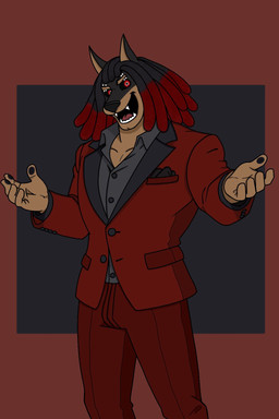 anthro clothing male pose smile solo suit wrldofmulti ace_dobermen hi_res