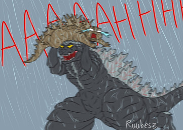 bad_parenting bodily_fluids crying duo feral holding_another male muscular open_mouth raining running scales screaming simple_background size_difference spikes spikes_(anatomy) spines tail tears text wet ruubeszdraws godzilla_(series) toho godzilla kaiju reptile scalie english_text hi_res