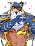 abs anthro beak blush clothing egyptian egyptian_clothing feathers gesture heart_gesture heart_symbol jewelry male muscular muscular_anthro muscular_male navel solo furry_chu lifewonders tokyo_afterschool_summoners horus_(tas) accipitrid accipitriform avian bird 3:4 hi_res