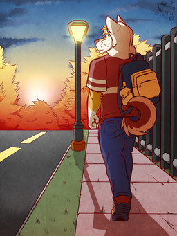 anthro backpack bottomwear clothed clothing fence footwear fully_clothed fur gloves_(marking) grass hood looking_at_viewer looking_back male markings multicolored_body multicolored_fur pants plant rear_view shoes solo standing street street_lamp sunset tail whisker_spots whiskers ventkazemaru canid canine canis domestic_dog mammal shiba_inu spitz 3:4 hi_res