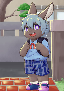 anthro backpack biped bottomwear brown_body brown_fur building cheek_tuft clothed clothing day detailed_background facial_tuft footwear fully_clothed fur grass grey_hair hair happy kemono legwear male open_mouth open_smile outside plant purple_eyes shirt shoes short_hair shorts smile socks solo standing student topwear tree tuft young young_anthro young_male norphen lagomorph leporid mammal rabbit 2019 absurd_res hi_res