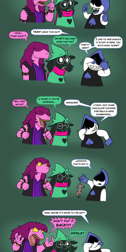 anthro armband clothing corpse dead_animal dialogue disgusted_face eyeless eyewear glasses gloves hair handwear heart_symbol hidden_eyes hole_(anatomy) imminent_vomit male pointed_hat purple_body purple_hair scarf sharp_teeth sleeveless_clothing spades_(suit) suit_symbol teeth text white_eyes yelling yellow_eyes yellow_teeth omny87 deltarune undertale_(series) ralsei susie_(deltarune) bovid caprine darkner goat humanoid mammal monster reptile scalie absurd_res comic english_text hi_res