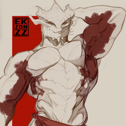 abs anthro biceps big_muscles bottomwear clothing hand_behind_head horn loincloth looking_at_viewer male muscular muscular_anthro muscular_arms muscular_male pecs raised_arm scales serratus simple_background solo triceps ventral_scales white_body white_scales ekzonzz baldur's_gate baldur's_gate_3 dungeons_and_dragons hasbro larian_studios wizards_of_the_coast the_dark_urge_(baldur's_gate) dragonborn_(dnd) scalie