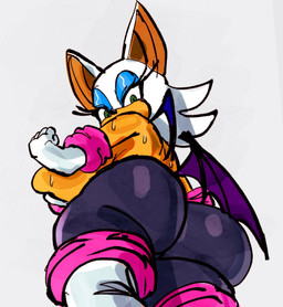 anthro armwear big_breasts big_butt bodily_fluids bodysuit boots breasts butt clothing elbow_gloves eyeshadow female footwear fur gloves hand_on_butt hand_on_own_butt handwear huge_butt legwear lipstick looking_back makeup membrane_(anatomy) membranous_wings shoes skinsuit smile solo sweat tan_body thigh_boots thigh_highs tight_clothing white_body white_fur wings henfent sega sonic_the_hedgehog_(series) rouge_the_bat bat mammal 2025 hi_res