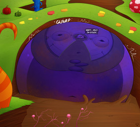 anthro belly blue_body blue_fur blue_hair blueberry_inflation body_inflation candy chocolate clothed clothing dessert dialogue food fruit fur glorp hair hyper hyper_inflation immobile inflation male navel open_mouth partially_submerged plant pumpkin river solo speech_bubble spherical_inflation stuck swollen_cheeks text torn_clothing tremble_spikes worried frootz charlie_and_the_chocolate_factory canid canine fox mammal english_text hi_res