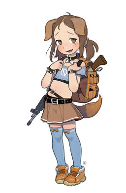 aged_down animal_ears assault_rifle backpack blush bone_collar_tag bottomwear brown_eyes clothed clothing collar collar_tag crop_top female footwear gun knee_highs knee_socks legwear midriff navel ranged_weapon rifle shirt shoes simple_background skirt socks solo tail topwear weapon weapon_on_shoulder young young_female young_humanoid possummachine vhs_inumoto animal_humanoid canid canid_humanoid canine canis domestic_dog humanoid mammal mammal_humanoid tailed_humanoid hi_res