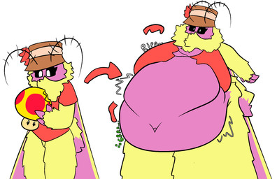 anthro clothing female fungus mushroom obese overweight slim solo torn_clothing weight_gain pillowater mario_bros nintendo sebastiah_(pillowater) arthropod insect lepidopteran moth rosy_maple_moth hi_res