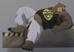 anthro belly belly_peeking_out bottomwear brown_body brown_fur clothing facial_scar fur jewelry male missing_eye necklace overweight pants scar shirt solo tank_top topwear dawawolf mihoyo zenless_zone_zero ben_bigger bear mammal absurd_res hi_res