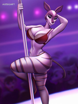 anthro anthro_focus big_breasts bra breasts brown_body brown_fur clothed clothing crowd curvy_figure dancing eyeshadow female female_focus footwear fur group high_heels inside lingerie makeup performance pole pole_dancing shoes skimpy smile solo solo_focus striped_body striped_fur stripes stripper stripper_pole tail tail_tuft thick_thighs thong tuft underwear white_body white_fur aozee beastars cosmo_(beastars) giraffid mammal okapi hi_res