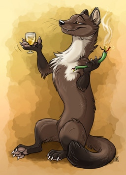 alcohol amber_eyes beverage birthday black_nose brown_body brown_fur claws conditional_dnp electricity feral fur gulonine hurga male mammal marten mustelid musteline pine_marten smile smoke solo tani_da_real whiskey wire