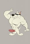 abs anthro balls cropped_ears eyewear genitals knot male muscular muscular_anthro muscular_male nude nude_male pecs penis raised_arm simple_background smile solo standing sunglasses tail white_body joesanchez tiny_toon_adventures warner_brothers arnold_the_pit_bull canid canine canis domestic_dog mammal pit_bull hi_res