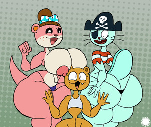 4_fingers anthro belly big_breasts big_butt blue_body blue_fur bow_tie breasts brown_body brown_fur brown_hair bubble_butt buckteeth butt clothing countershade_belly countershade_breasts countershade_face countershading crop_top curvy_figure eye_patch eyelashes eyewear fangs female femboy fingers freckled_face freckles fur group hair halftone_background hand_on_butt hand_on_own_butt heart_nose heart_symbol huge_breasts huge_butt logo male navel nipples open_mouth open_smile pattern_background pattern_clothing pattern_shirt pattern_topwear pink_body pink_fur pirate_hat shirt simple_background skull_and_crossbones small_waist smile spherical_breasts striped_clothing striped_shirt striped_topwear stripes tail teeth text thick_thighs thong topwear trio underwear wasp_waist whiskers wide_hips thatdawgmurray animal_crossing happy_tree_friends nintendo lottie_(animal_crossing) naphte_(thatdawgmurray) russell_(htf) mammal mustelid otter aliasing artist_logo artist_name digital_media_(artwork) halftone hi_res signature