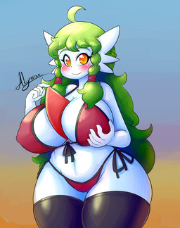 ahoge big_breasts bikini blush braided_hair breasts camel_toe cleavage clothed clothing colored_edge_bikini curvy_figure ear_fins female fin front-tie_bikini front-tie_clothing front-tie_swimwear green_hair hair holding_breast huge_breasts legwear long_hair looking_at_viewer outside poking side-tie_bikini side-tie_clothing side-tie_swimwear smile solo stockings string_bikini sunset swimwear thigh_highs two-piece_swimsuit voluptuous white_body white_skin wide_hipped_female wide_hips yellow_eyes alyrise nintendo pokemon bg_(gardevoir) gardevoir generation_3_pokemon pokemon_(species) hi_res signature
