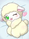 anthro bed bedding bedding_background blush eyelashes female female_anthro fur furniture green_eyes heart_symbol looking_at_viewer on_bed one_eye_closed open_mouth open_smile semi-anthro smile solo wink winking_at_viewer wool_(fur) yellow_body yellow_fur yellow_wool bluehiyokobunny jewelpet sanrio sega sega_fave flora_(jewelpet) bovid caprine mammal sheep hi_res