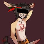 accessory anthro bandage bandage_on_face bandage_on_nose bangs belt belt_buckle black_hair black_nose black_tail blood blood_on_chest blood_on_ear blood_on_weapon bodily_fluids bottomwear brown_belt buckle buckteeth censor_bar censored_eyes clothed clothed_anthro clothing fur green_headband hair hand_behind_head headband hexagram knife light logo long_ears male melee_weapon multicolored_body multicolored_fur navel notched_ear orange_bottomwear orange_clothing orange_pants pants red_background red_headband shirtless_anthro shirtless_male simple_background slim_anthro slim_male solo symbol tail teeth toothy_grin two_tone_body two_tone_fur weapon white_body white_fur wounded yellow_body yellow_fur nand_maple oscar_(nand_maple) lagomorph leporid mammal rabbit 2024 artist_logo colored digital_drawing_(artwork) digital_media_(artwork) english_description half-length_portrait hi_res lighting portrait redraw shaded