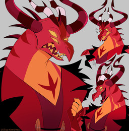 4_eyes angry anthro claws clenched_teeth clothed clothed_anthro clothed_male clothing fist frown glowing glowing_eyes grey_background gums half-closed_eyes happy horn looking_at_viewer male markings motion_lines multi_eye multicolored_body multicolored_horn multicolored_skin muscular muscular_anthro muscular_male narrowed_eyes neck_spikes open_mouth raised_arm red_body red_horn red_nose red_skin red_tongue sharp_teeth shirt simple_background smile solo standing teeth tongue topwear torn_clothing torn_vest two_tone_body two_tone_horn two_tone_skin vest white_horn yellow_body yellow_eyes yellow_skin yellow_teeth sinstravagance hellaverse helluva_boss mythology satan_(helluva_boss) demon demon_dragon dragon mythological_creature mythological_scalie scalie 2024 hi_res