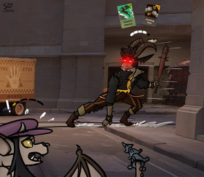 alternative_fashion anthro baseball_bat bat_(object) clothed clothing duo facial_piercing female gameplay_mechanics hair imminent_bonk licking licking_lips male male/female nose_piercing nose_ring open_mouth piercing punk red_eyes ring_piercing sliding smile stamina_bar surprised tail text tongue tongue_out spesssmutcentral deadlock_(game) valve valve_corporation billy_(deadlock) ivy_(deadlock) bovid caprine gargoyle goat humanoid mammal absurd_res hi_res meme