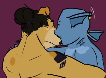 anthro facial_hair floppy_ears hair kissing long_hair male male_anthro passionate_kiss romantic simple_background tattoo mage_period reany_(reanyx3) bird_dog canid canine canis domestic_dog hunting_dog mammal retriever
