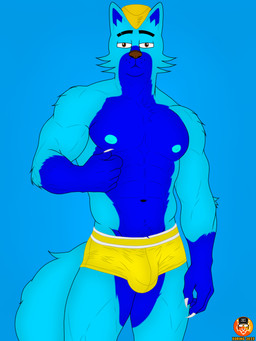 abs anthro blonde_hair blue_body blue_fur blue_nipples bodily_fluids brown_eyes brown_nose bulge claws clothing fingers fluffy fluffy_tail fur genitals hair looking_at_viewer male multicolored_body multicolored_fur muscular muscular_anthro muscular_male navel nipples pecs serious simple_background solo tail underwear yellow_clothing yellow_underwear eric_xoring canid canine canis fox mammal red_fox true_fox 2025 3:4 digital_media_(artwork) hi_res