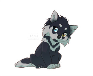 ambiguous_gender black_body black_fur black_nose blue_eyes cheek_tuft claws eyebrows eyelashes facial_tuft feral fur grey_body grey_eyebrows grey_fur heterochromia looking_away simple_background sitting solo tail tuft white_background white_claws yellow_eyes young azzai canid canine canis mammal wolf 2017 colored digital_drawing_(artwork) digital_media_(artwork) shaded