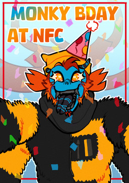 4_arms anthro black_clothing black_scarf black_tongue black_topwear blue_body blue_tongue cheek_tuft clothed clothing eyelashes facial_tuft font front_view grey_teeth hat headgear headwear looking_at_viewer male male_anthro multi_arm multi_limb open_mouth open_smile orange_eyes party_hat scarf simple_background smile solo striped_tongue teeth tongue tongue_out topwear tuft yellow_clothing yellow_hat yellow_headwear yellow_topwear 0ct0m0n0 miko_(0ct0m0n0) haplorhine mammal monkey primate hi_res