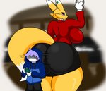 anthro big_breasts big_butt bottomwear breasts butt clothed clothing duo ear_piercing electronics ellipsis female fully_clothed fur male phone piercing skirt yellow_body yellow_fur kirbot12 bandai_namco digimon xen_(kirbot12) ambiguous_species canid digimon_(species) mammal renamon hi_res