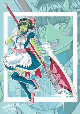5_fingers axe biped blowup_background breasts clothing eyelashes female fingers footwear green_body green_ears green_skin horn legwear maid_uniform melee_weapon nipple_outline not_furry open_mouth pink_clothing pink_footwear pink_shoes shoes simple_background solo teeth thigh_highs tongue uniform weapon samanator_club demon demon_humanoid horned_humanoid humanoid