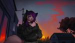 5_fingers anthro blue_eyes clothed clothing day detailed_background female fingers hair outside purple_hair sky solo sun sunset margony domestic_cat felid feline felis mammal 2019 digital_media_(artwork)