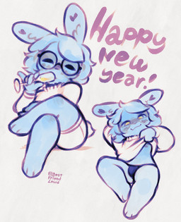 :3 alcohol anthro bedroom_eyes beverage blush breasts bulge champagne clothed clothing clothing_lift eyewear feet glasses gynomorph heart_(marking) intersex looking_pleasured markings narrowed_eyes nipples round_glasses seductive shirt shirt_lift solo topwear bestfriendforever new_year_2026 besty_(character) lagomorph leporid mammal rabbit 2026 hi_res nonbinary_(lore)