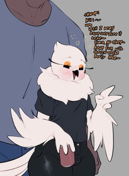 anthro beak blush bottomwear bubble clothed clothing dark_body dark_skin dialogue drunk drunk_bubble duo feathers femboy fully_clothed larger_human male neck_tuft pants shirt size_difference smaller_anthro substance_intoxication t-shirt text thick_thighs topwear tuft white_body white_feathers wide_hips meweeze burd_(meweeze) avian bird human mammal 2026 english_text hi_res