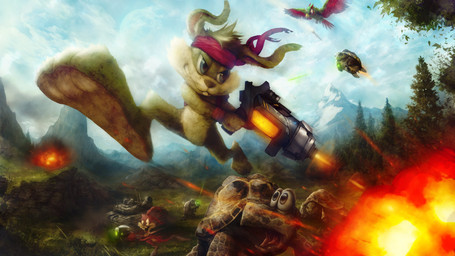 accessory action_pose anthro armband armored_vehicle beak big_eyes blue_eyes buckteeth cannon cloud detailed_background explosion feet frown glowing group gun headband hill machine male mountain plant pose ranged_weapon tank_(vehicle) teeth tracked_vehicle tree turret vehicle weapon scottr5680 epic_games jazz_jackrabbit_(series) flip_the_bird jazz_jackrabbit spaz_jackrabbit avian bird hare lagomorph leporid mammal reptile scalie turtle 16:9 absurd_res digital_media_(artwork) digital_painting_(artwork) hi_res painting_(artwork) widescreen