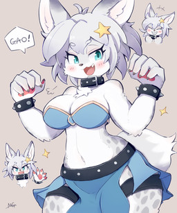 5_fingers anthro big_breasts blue_eyes blush bottomwear bracelet breasts cheek_tuft chest_tuft claws cleavage clothed clothing collar cute_fangs dipstick_tail facial_tuft fangs female female_anthro fingers fur grey_background grey_body grey_fur grey_hair hair happy jewelry kemono looking_at_viewer markings multicolored_body multicolored_ears multicolored_fur multicolored_hair multicolored_tail navel open_mouth open_smile paw_pose pawpads pose short_hair simple_background smile solo spiked_bracelet spikes tail tail_markings teeth topwear tuft white_body white_fur moriguru canid canine mammal 2021 5:6 digital_media_(artwork) hi_res multiple_images signature translated_description
