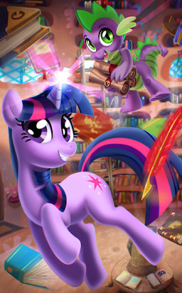 book bookshelf cutie_mark detailed_background duo female feral fur furniture green_eyes hair horn ladder looking_at_viewer loose_feather magic male multicolored_hair open_mouth purple_body purple_eyes purple_fur purple_hair quill scroll smile tail two_tone_hair mewpan friendship_is_magic hasbro my_little_pony mythology spike_(mlp) twilight_sparkle_(mlp) dragon equid equine mammal mythological_creature mythological_equine mythological_scalie scalie unicorn 2012 hi_res