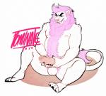 anthro balls beard biped erection facial_hair foreskin fur genitals hair knot male masturbation mature_male musclegut muscular muscular_anthro muscular_male nipples penis pink_body pink_fur pink_hair pubes purple_eyes sitting smile solo white_body white_fur dominate_(artist) felid lion mammal pantherine