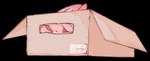 alpha_channel ambiguous_gender aster_(nu:_carnival) bat box cardboard cardboard_box container feral fur hair hair_over_eye in_box in_container kemono loyaldis mammal nu:_carnival one_eye_obstructed pink_body pink_fur red_eyes solo text toony