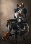 4_toes anthro beverage biped breasts canid canine chair claws coffee darwin's_fox digitigrade dirtiran fangs feet female fluffy food fox fur furniture green_eyes grey_body grey_fur hindpaw looking_at_viewer mammal nude open_mouth paws sitting solo south_american_fox steam teeth toes vixe
