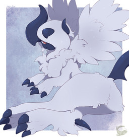 2_horns ambiguous_gender black_claws black_horn claws feral horn neck_tuft one_eye_obstructed red_eyes solo tail toe_claws tuft unusual_anatomy unusual_horn white_wings wings mochiri nintendo pokemon generation_6_pokemon mammal mega_absol mega_evolution pokemon_(species) absurd_res hi_res