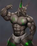 abs ankh anthro biceps big_muscles bulge clothing flexing male muscular muscular_anthro muscular_male nipples pecs solo speedo standing swimwear tattoo bleakcat luke_onyxia canid canine canis jackal mammal