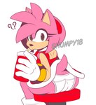anthro beverage boots bracelet butt clothed clothing clothing_lift dress dress_lift drinking_straw female footwear furniture gloves green_eyes handwear jewelry looking_back panties pink_body question_mark shoes sitting solo stool tail tan_body tan_skin underwear shumpy sega sonic_the_hedgehog_(series) amy_rose eulipotyphlan hedgehog mammal hi_res