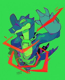 2_tails anthro clothed clothing green_background jewelry looking_at_viewer male multi_tail necklace simple_background solo standing surfboard tail cryptovolans legendz dandy_(legendz) crocodile crocodilian reptile scalie 2021 digital_drawing_(artwork) digital_media_(artwork) hi_res