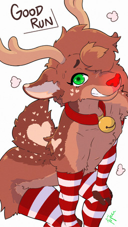 anthro antlers armwear bell bell_collar bent_over bodily_fluids brown_body brown_fur christmas_clothing clothing collar exhausted femboy fur glowing glowing_nose green_eyes hair hair_over_eye heart_(marking) holidays horn legwear looking_at_viewer male markings red_nose standing sweat thigh_highs tired fefece christmas rudolph_the_red-nosed_reindeer deer mammal 9:16 hi_res
