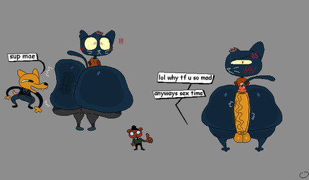 angry anthro anus balls big_butt big_penis blush blush_lines bodily_fluids bottomless bottomwear bottomwear_down butt butt_slap clothed clothing cross-popping_vein dialogue disembodied_penis erection erection_under_clothing exclamation_point eyewear fangs female genital_fluids genitals gesture glasses glistening glistening_balls glistening_butt glistening_genitalia greeting grey_background group hand_gesture head_tuft huge_butt huge_penis hyper hyper_butt hyper_genitalia hyper_penis imminent_sex looking_at_another looking_at_viewer male male/female mouth_closed open_mouth pants pants_down partially_clothed penis penis_on_butt precum red_eyes shirt shirt_only simple_background slap standing surprised tail talking_to_another teeth text text_box thumbs_up topwear topwear_only trio tuft vein veiny_penis whiskers nxyitn night_in_the_woods angus_delaney gregg_lee mae_borowski bear canid canine felid feline fox mammal aliasing digital_media_(artwork) english_text