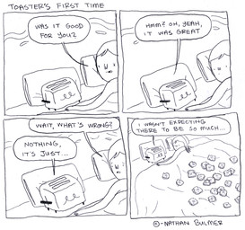 after_sex ambiguous_gender appliance bed bed_sheet bedding bread dialogue food furniture humor kitchen_appliance lying open_mouth pillow_talk text toast toaster nathan_bulmer null0010 human mammal black_and_white comic english_text monochrome