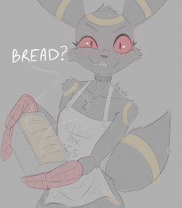 anthro anthrofied apron blush blush_lines bread bread_loaf choker clothing dialogue female food freckled_face freckles handwear jewelry looking_at_viewer necklace oven_mitts pokemorph red_eyes smile smiling_at_viewer solo text freckelz nintendo pokemon eeveelution generation_2_pokemon pokemon_(species) umbreon comment_chain english_text hi_res lol_comments reaction_image